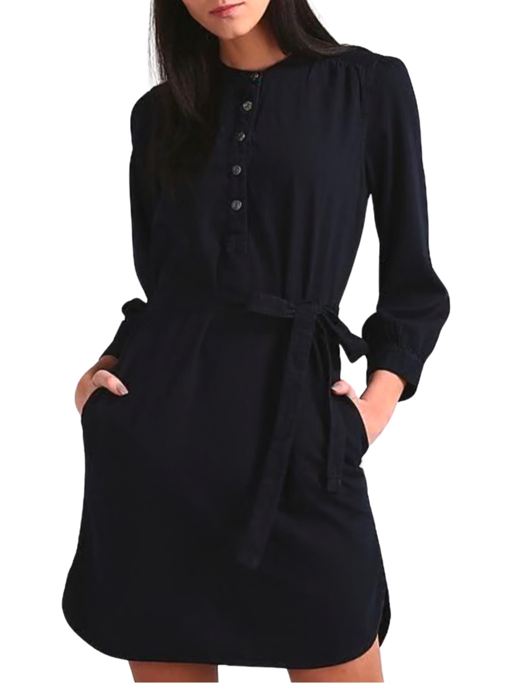 GAP Denim Popover Tie Waist Mini Preppy Long Sleeve Shirt Dress - M - Black Wash